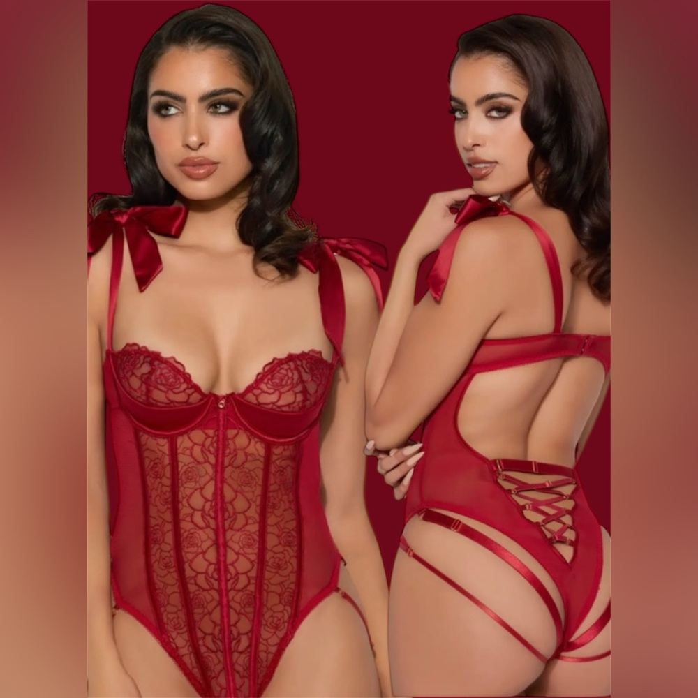 Red Balconette Strappy Lace Bodysuit with Ribbon Straps